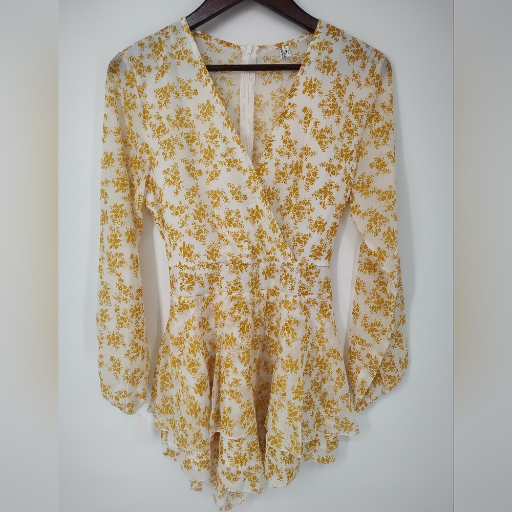 Floral White and Yellow Boho Long Sleeve Romper Women's Small